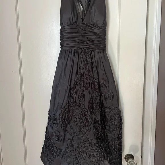 Papell Boutique Brown Satin Embroidered Midi Dress - Picture 2 of 3